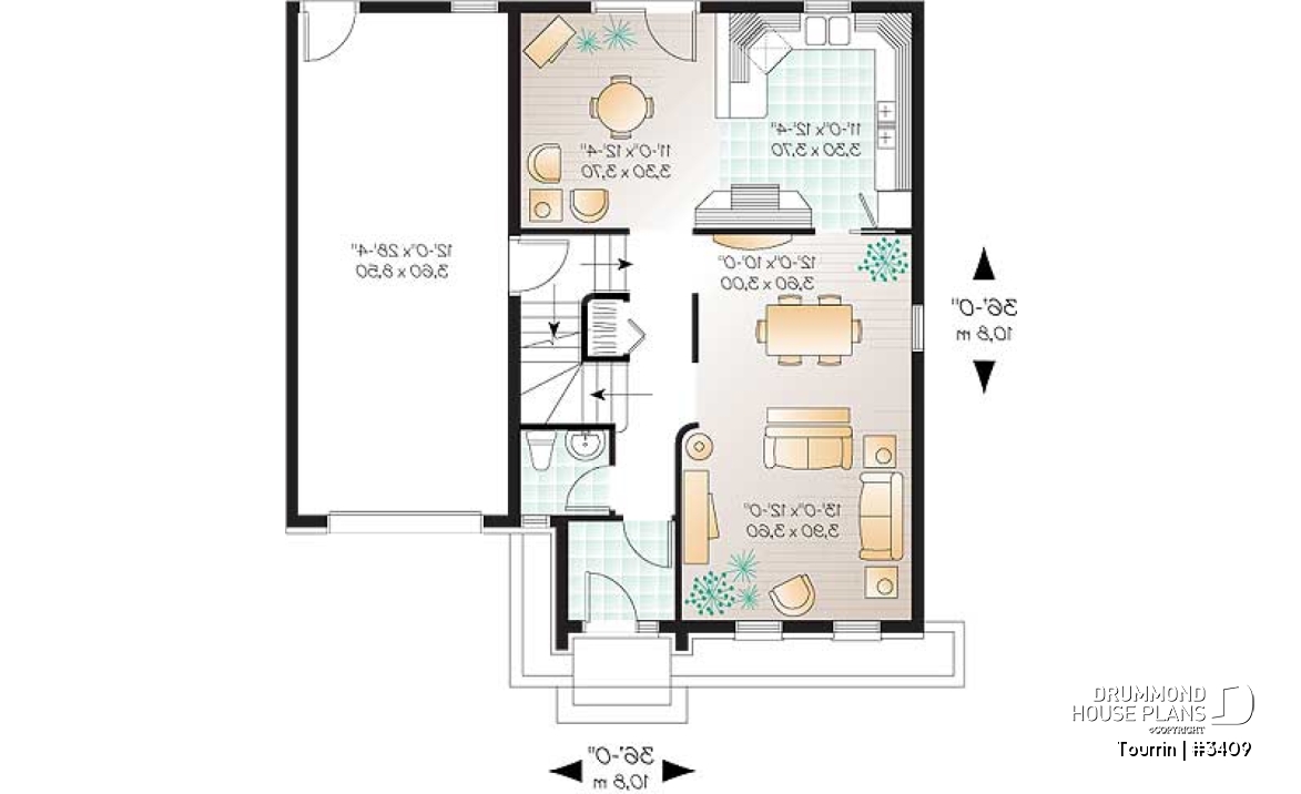 1st level - English style home plan with bonus space, 3 to 4 bedrooms, one-car garage - Tourrin
