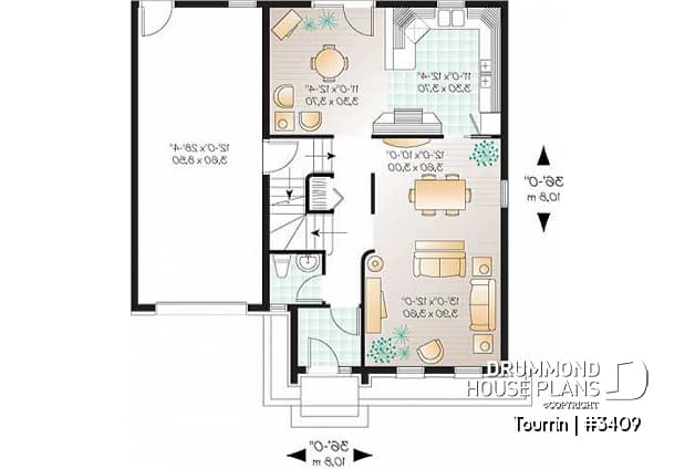 1st level - English style home plan with bonus space, 3 to 4 bedrooms, one-car garage - Tourrin