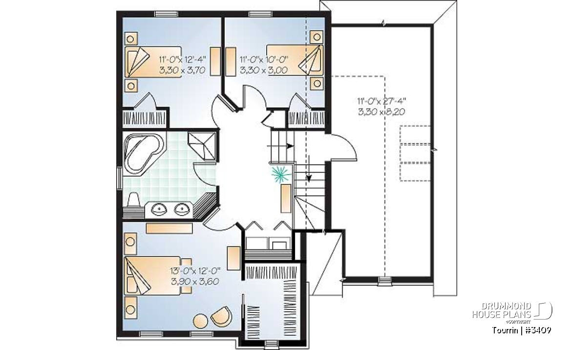 2nd level - English style home plan with bonus space, 3 to 4 bedrooms, one-car garage - Tourrin