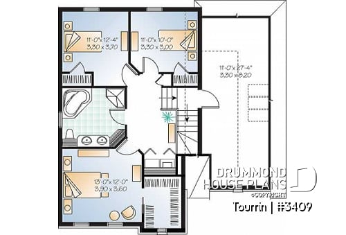 2nd level - English style home plan with bonus space, 3 to 4 bedrooms, one-car garage - Tourrin
