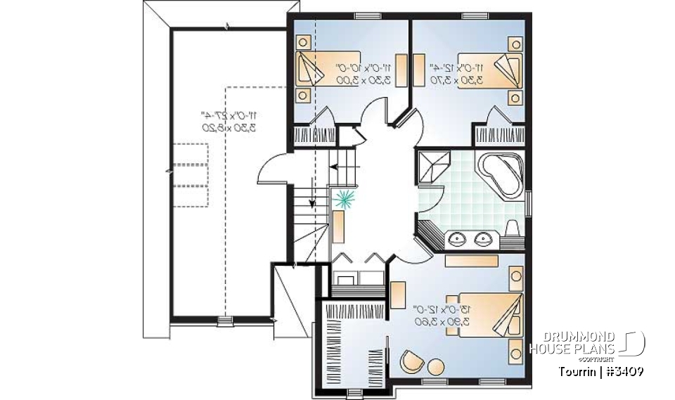 2nd level - English style home plan with bonus space, 3 to 4 bedrooms, one-car garage - Tourrin