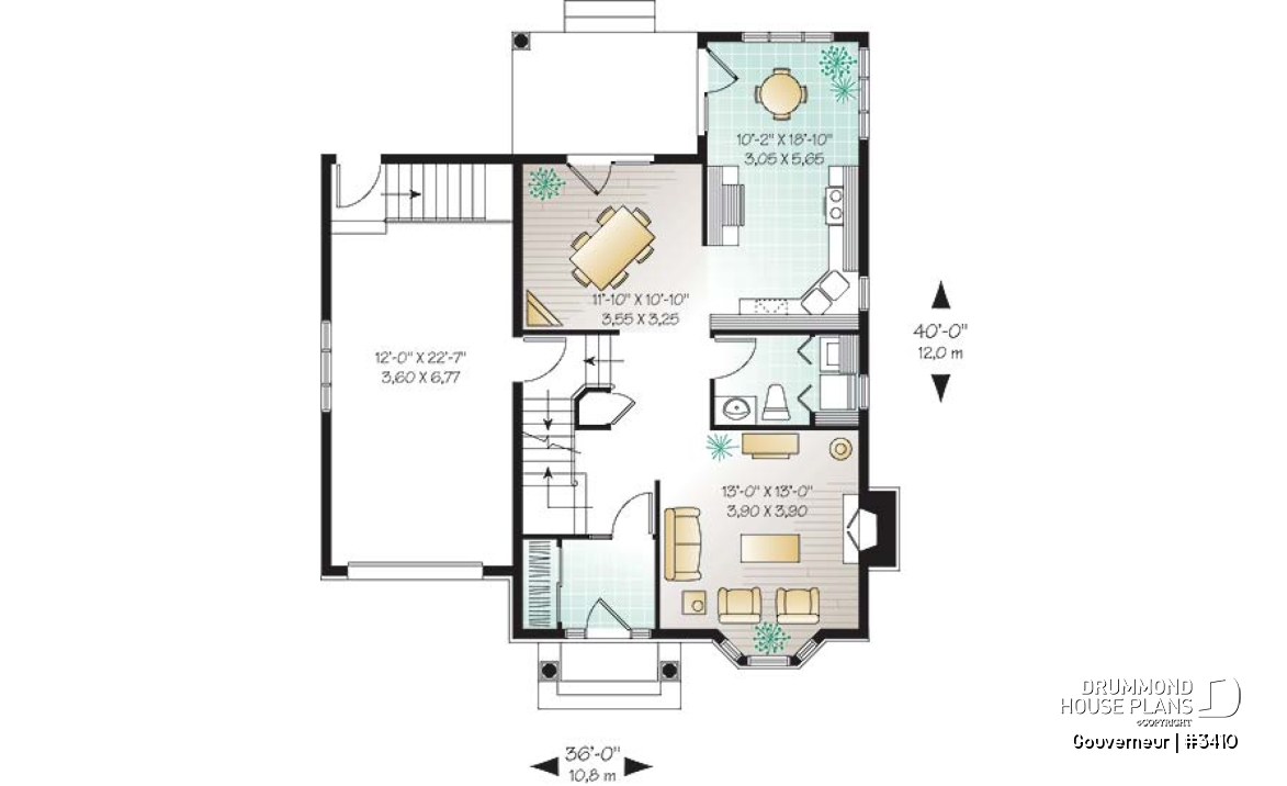 1st level - European house plan with garage, sun room, breakfast nook, fireplace, 3 bedrooms - Gouverneur