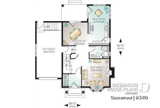 1st level - European house plan with garage, sun room, breakfast nook, fireplace, 3 bedrooms - Gouverneur