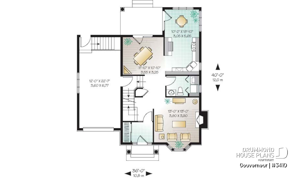 1st level - European house plan with garage, sun room, breakfast nook, fireplace, 3 bedrooms - Gouverneur