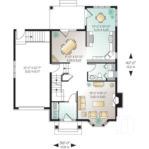 1st level - European house plan with garage, sun room, breakfast nook, fireplace, 3 bedrooms - Gouverneur
