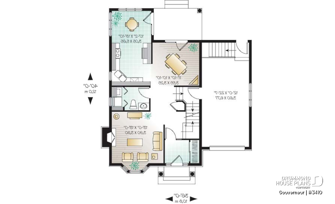 1st level - European house plan with garage, sun room, breakfast nook, fireplace, 3 bedrooms - Gouverneur
