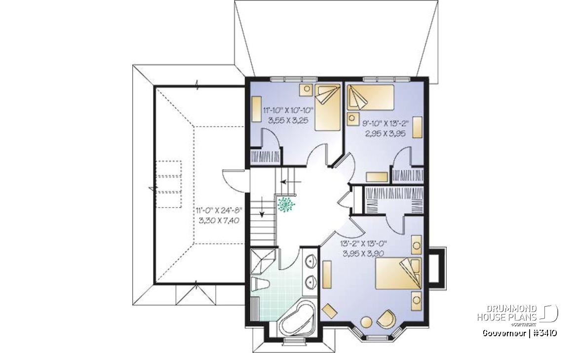2nd level - European house plan with garage, sun room, breakfast nook, fireplace, 3 bedrooms - Gouverneur