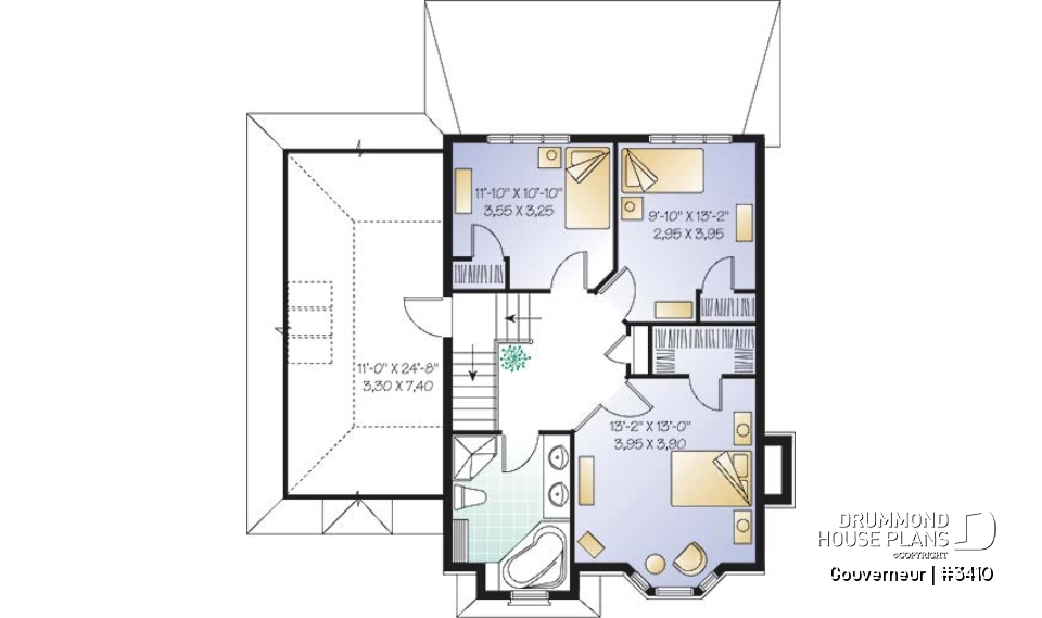 2nd level - European house plan with garage, sun room, breakfast nook, fireplace, 3 bedrooms - Gouverneur