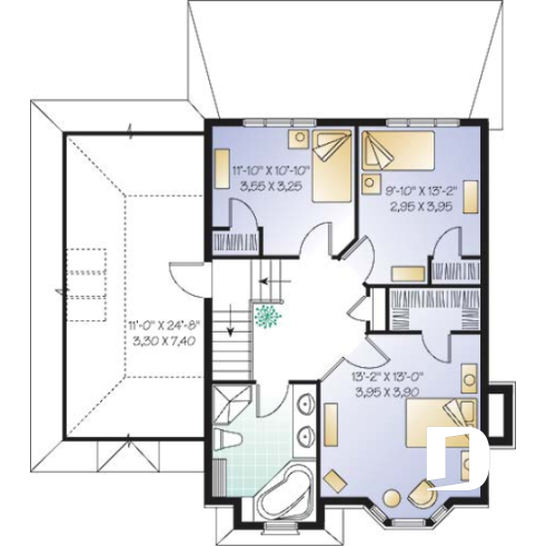 2nd level - European house plan with garage, sun room, breakfast nook, fireplace, 3 bedrooms - Gouverneur
