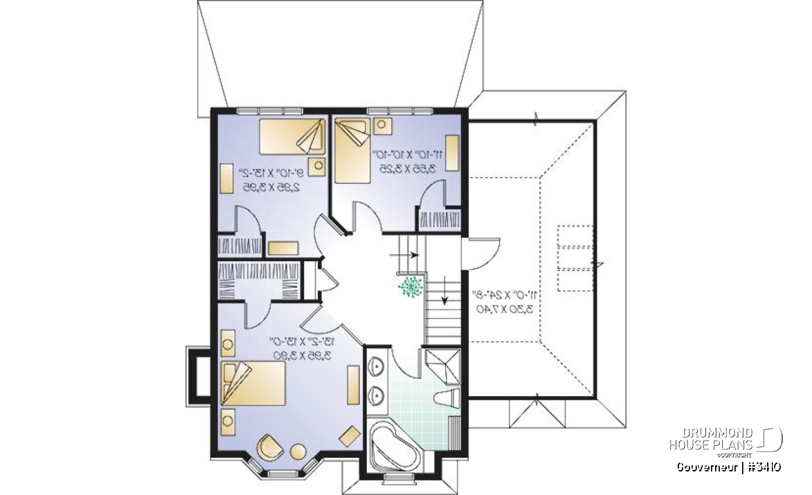 2nd level - European house plan with garage, sun room, breakfast nook, fireplace, 3 bedrooms - Gouverneur