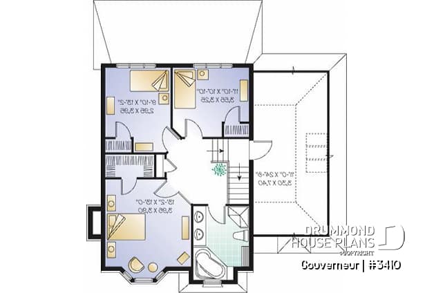 2nd level - European house plan with garage, sun room, breakfast nook, fireplace, 3 bedrooms - Gouverneur