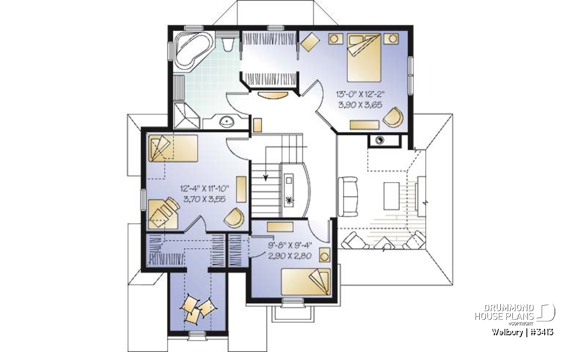 2nd level - 2 story house plan with garage, 3 bedrooms - Wellbury