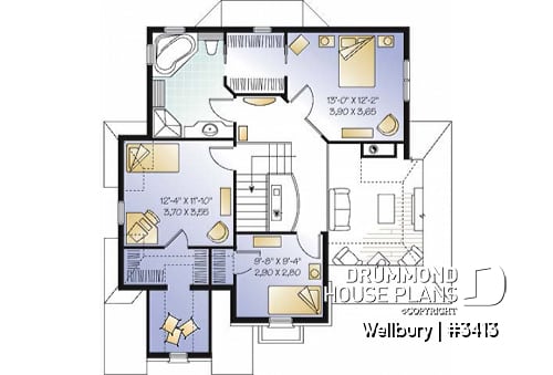 2nd level - 2 story house plan with garage, 3 bedrooms - Wellbury