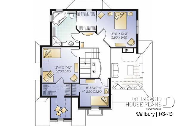 2nd level - 2 story house plan with garage, 3 bedrooms - Wellbury