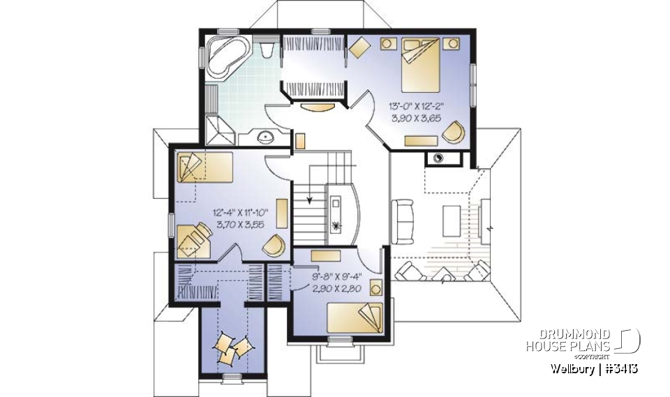 2nd level - 2 story house plan with garage, 3 bedrooms - Wellbury