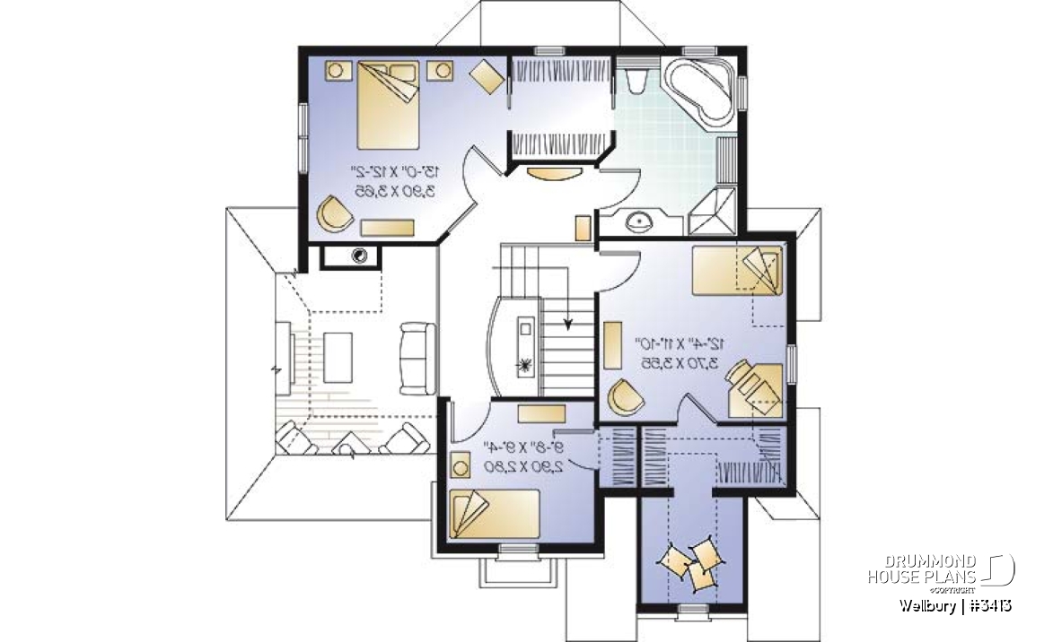 2nd level - 2 story house plan with garage, 3 bedrooms - Wellbury