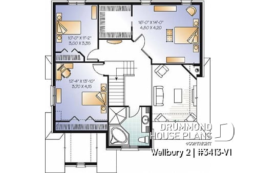 2nd level - European style home plan with 3 bedroom, mezzanine and garage - Wellbury 2