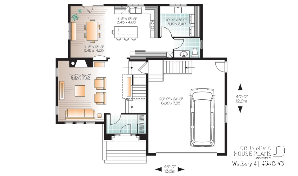 1st level - 4 bedroom house plan, master suite, large laundry room, great kitchen island, double garage - Wellbury 4