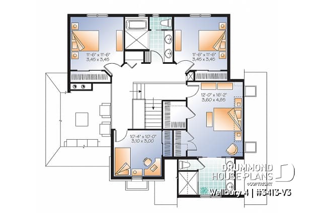 2nd level - 4 bedroom house plan, master suite, large laundry room, great kitchen island, double garage - Wellbury 4