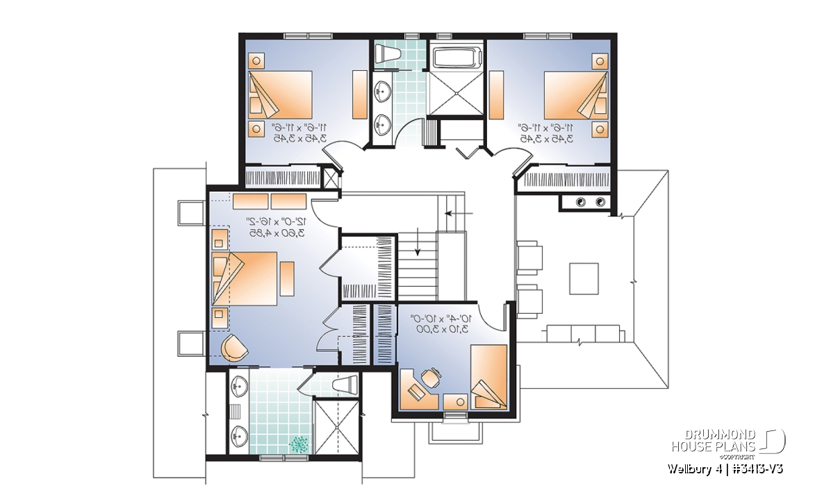 2nd level - 4 bedroom house plan, master suite, large laundry room, great kitchen island, double garage - Wellbury 4