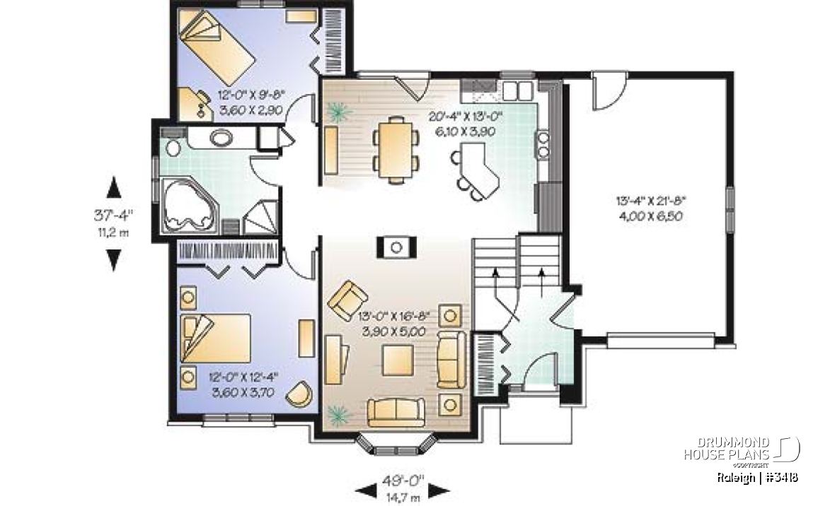 1st level - split-entry house plan, low budget, cathedral ceiling, central fireplace, kitchen with island - Raleigh
