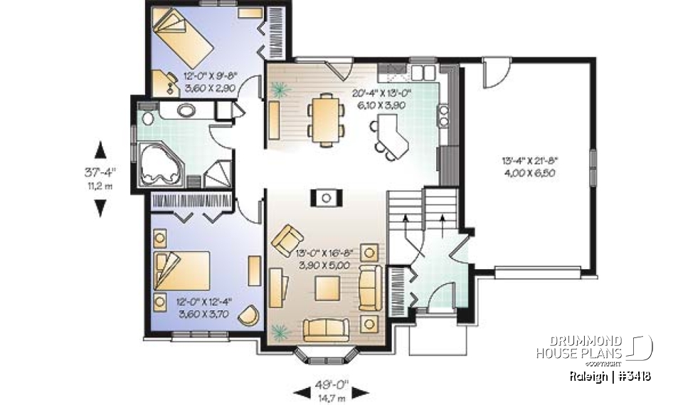 1st level - split-entry house plan, low budget, cathedral ceiling, central fireplace, kitchen with island - Raleigh