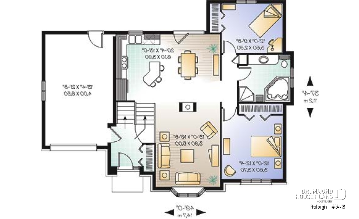 1st level - split-entry house plan, low budget, cathedral ceiling, central fireplace, kitchen with island - Raleigh