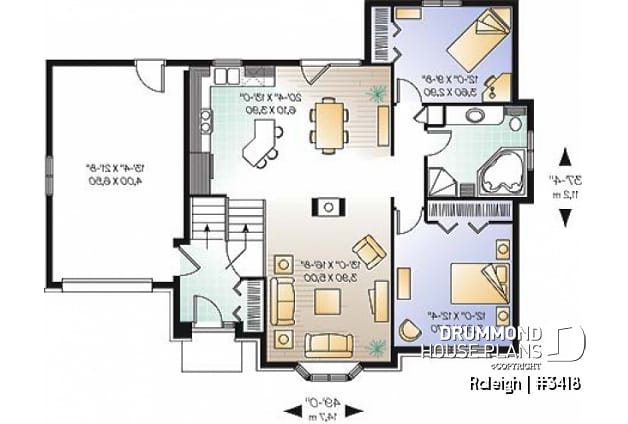 1st level - split-entry house plan, low budget, cathedral ceiling, central fireplace, kitchen with island - Raleigh