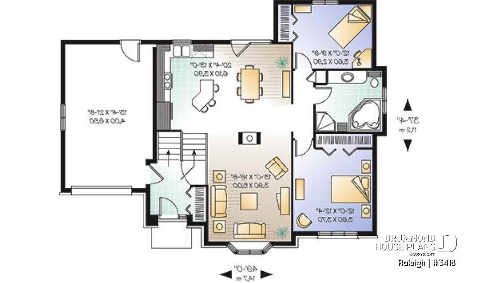 1st level - split-entry house plan, low budget, cathedral ceiling, central fireplace, kitchen with island - Raleigh