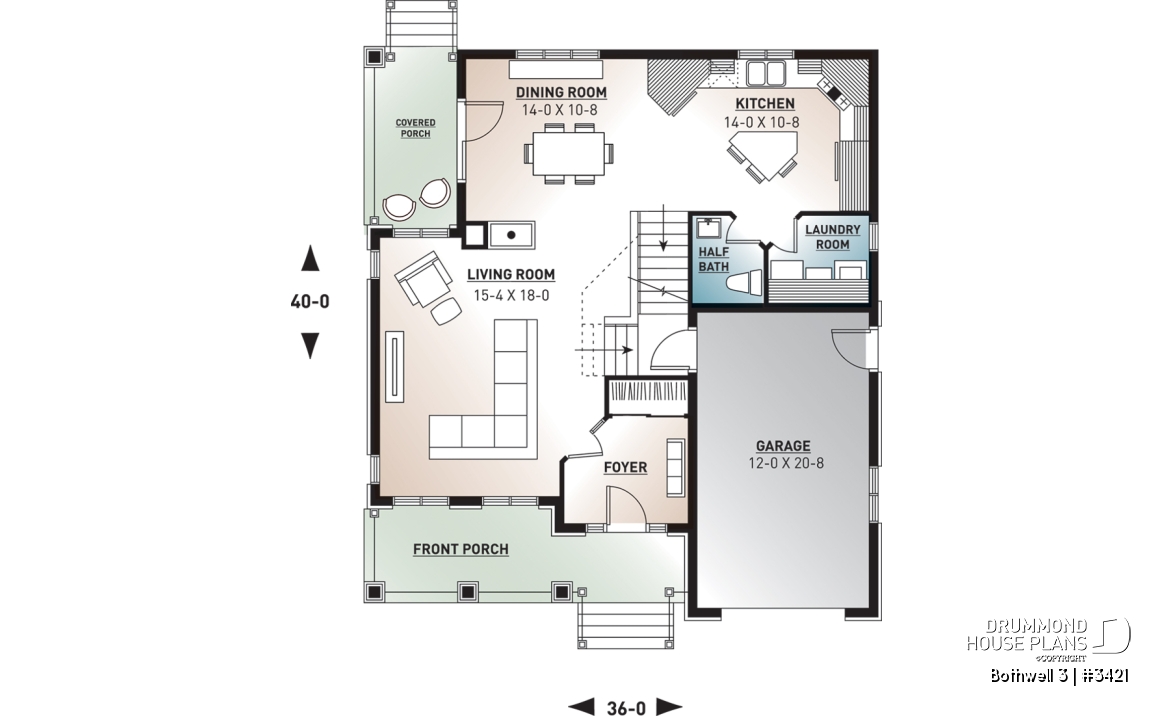 1st level - Traditional home plan with 3 bedrooms, garage, sheltered side terrace - Bothwell 3