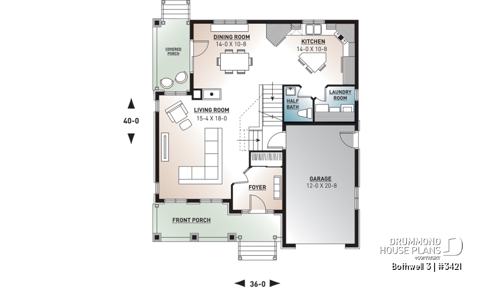 1st level - Traditional home plan with 3 bedrooms, garage, sheltered side terrace - Bothwell 3
