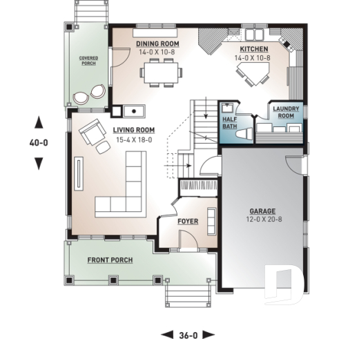 1st level - Traditional home plan with 3 bedrooms, garage, sheltered side terrace - Bothwell 3