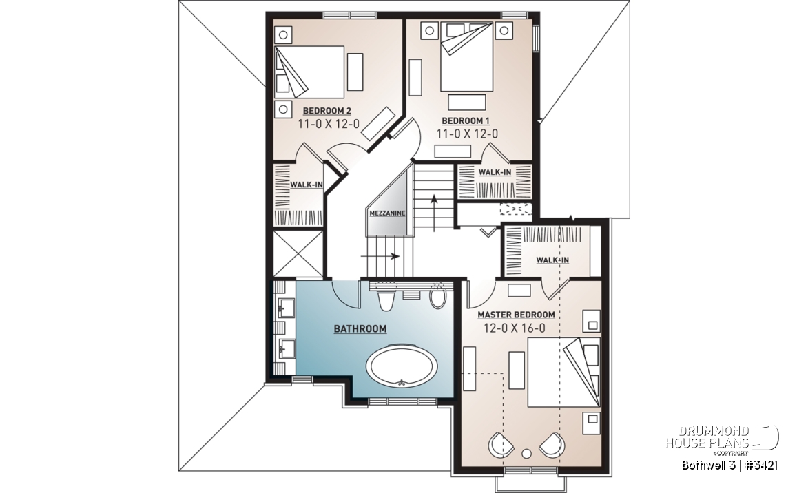 2nd level - Traditional home plan with 3 bedrooms, garage, sheltered side terrace - Bothwell 3