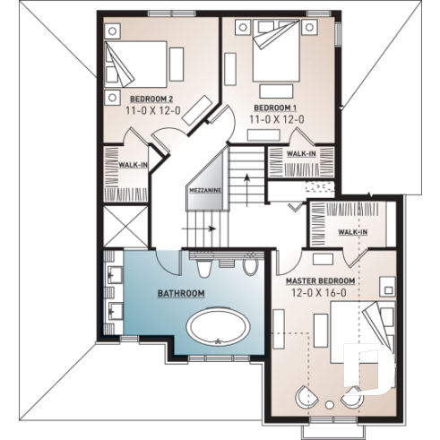 2nd level - Traditional home plan with 3 bedrooms, garage, sheltered side terrace - Bothwell 3