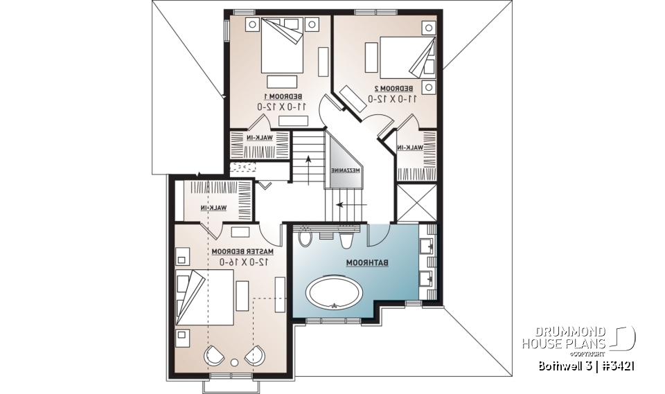 2nd level - Traditional home plan with 3 bedrooms, garage, sheltered side terrace - Bothwell 3