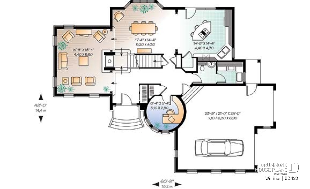 1st level - European style house plan, 3-car garage, large family room with fireplace, home office, master suite, 3 beds - Whittier