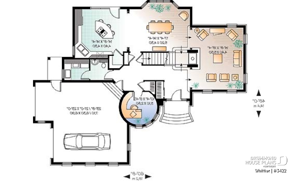 1st level - European style house plan, 3-car garage, large family room with fireplace, home office, master suite, 3 beds - Whittier