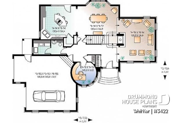 1st level - European style house plan, 3-car garage, large family room with fireplace, home office, master suite, 3 beds - Whittier
