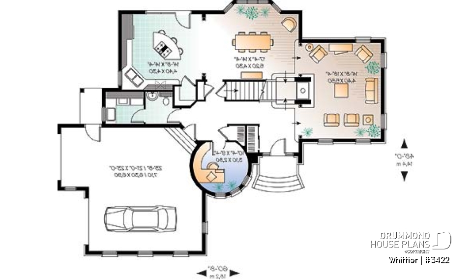 1st level - European style house plan, 3-car garage, large family room with fireplace, home office, master suite, 3 beds - Whittier
