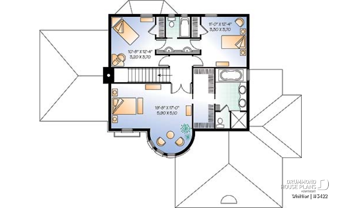 2nd level - European style house plan, 3-car garage, large family room with fireplace, home office, master suite, 3 beds - Whittier