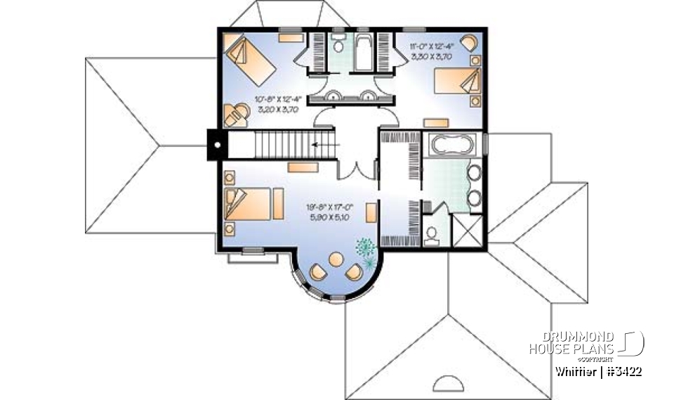 2nd level - European style house plan, 3-car garage, large family room with fireplace, home office, master suite, 3 beds - Whittier