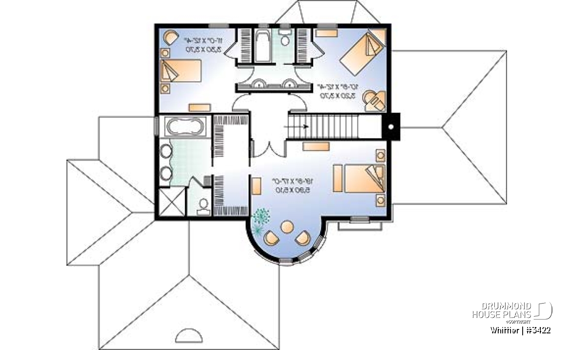 2nd level - European style house plan, 3-car garage, large family room with fireplace, home office, master suite, 3 beds - Whittier