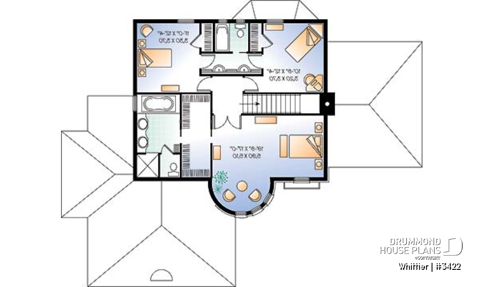 2nd level - European style house plan, 3-car garage, large family room with fireplace, home office, master suite, 3 beds - Whittier