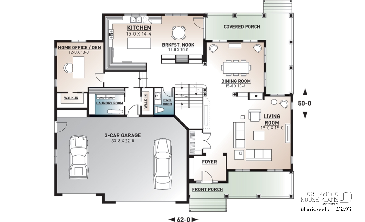 1st level - Modern farmhouse plan, 3 beds. 2.5 baths, family &amp; living rooms, office, fireplace, laundry room, 3-car garage - Merriwood 4
