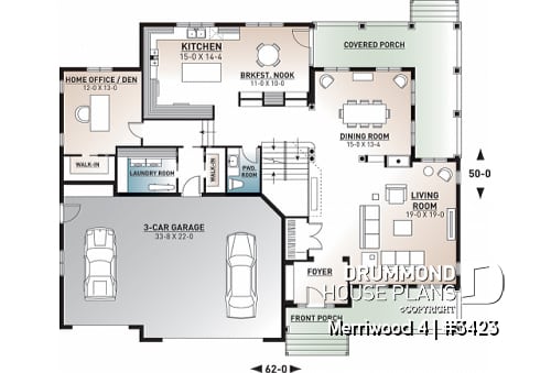 1st level - Modern farmhouse plan, 3 beds. 2.5 baths, family & living rooms, office, fireplace, laundry room, 3-car garage - Merriwood 4