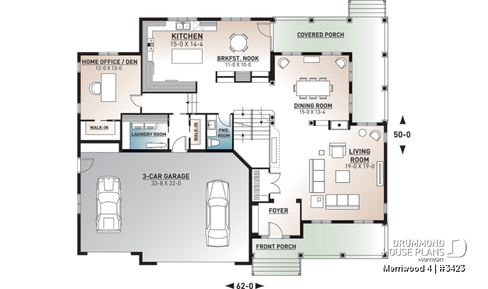 1st level - Modern farmhouse plan, 3 beds. 2.5 baths, family &amp; living rooms, office, fireplace, laundry room, 3-car garage - Merriwood 4