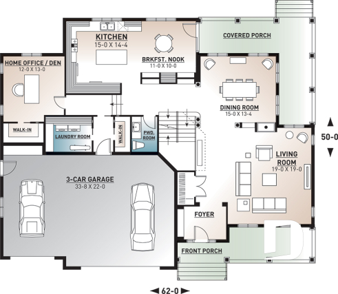 1st level - Modern farmhouse plan, 3 beds. 2.5 baths, family & living rooms, office, fireplace, laundry room, 3-car garage - Merriwood 4