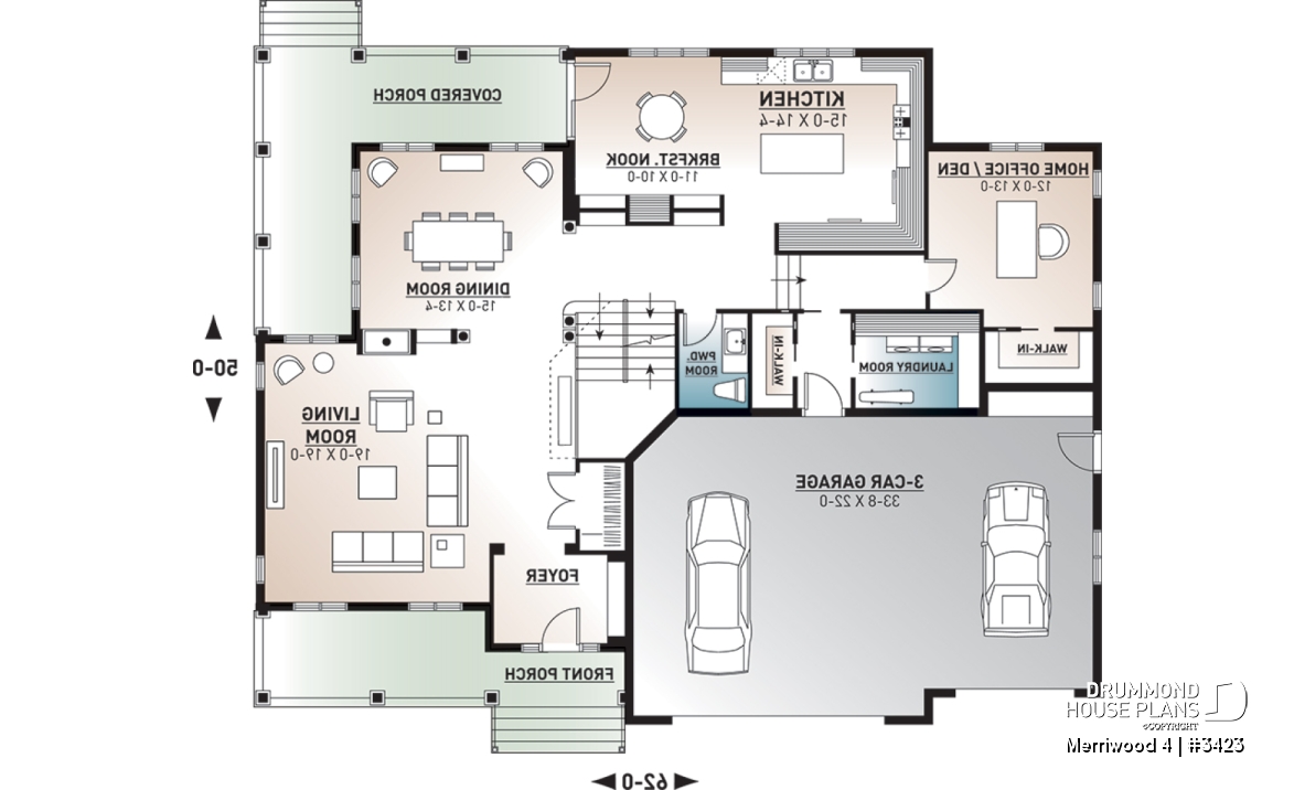 1st level - Modern farmhouse plan, 3 beds. 2.5 baths, family &amp; living rooms, office, fireplace, laundry room, 3-car garage - Merriwood 4