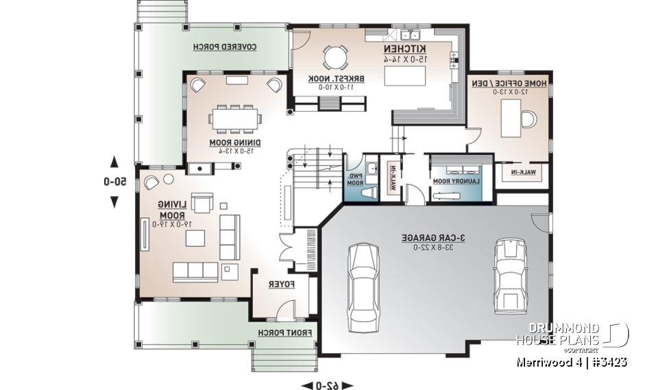 1st level - Modern farmhouse plan, 3 beds. 2.5 baths, family &amp; living rooms, office, fireplace, laundry room, 3-car garage - Merriwood 4