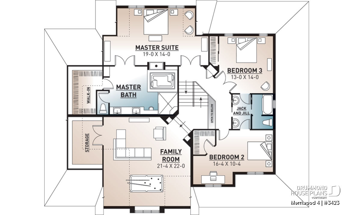 2nd level - Modern farmhouse plan, 3 beds. 2.5 baths, family &amp; living rooms, office, fireplace, laundry room, 3-car garage - Merriwood 4